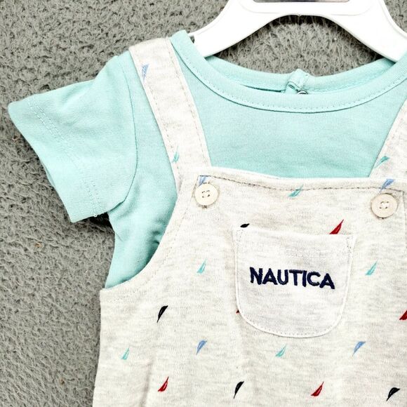 Nautica Short Sailboats Overalls 2 Piece Set - Boys Size 6-9M - Embroidered - Picture 2 of 15